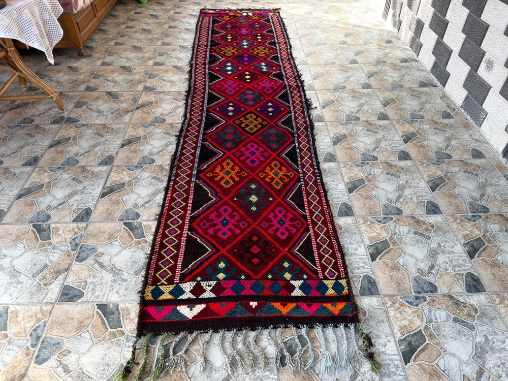 1980s Vintage Turkish Wool Runner Rug 2.9x12.7 ft Kurdish Pattern Tribal 1990s