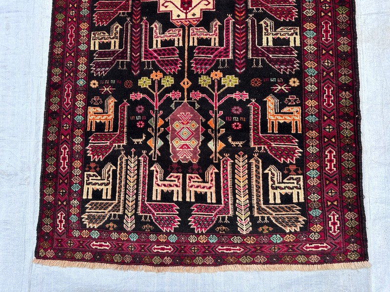 COLLECTORS' ITEM Vintage Stunning Peacock Shikargah Pictorial Tribal Belouch Rug gallery