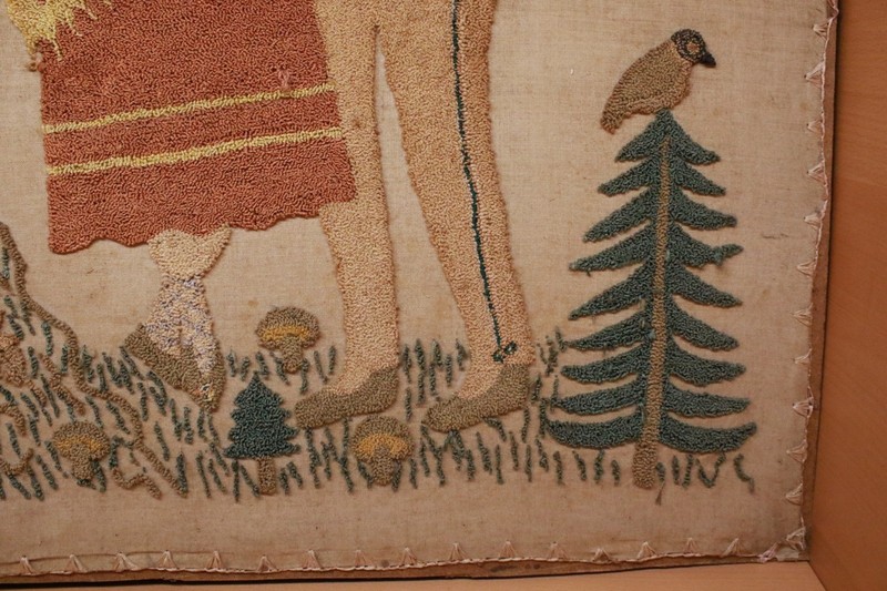 Antique European Polish Folk Art Figures Hooked Rug Scene Trees. Birds 30”x 31” gallery