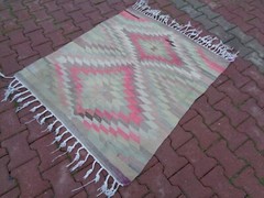 Pink Kilim Rug 4.2 x 3.7 Ft Colorful Rug For Kids Room, Kitchen Rug Non Slip 663