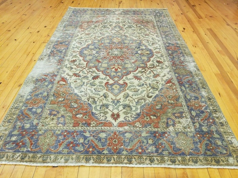 Primitive Antique Cr1900-1939's Ivory-Gold Color Wool Pile Tribal Rug 4’4”x 7’ gallery