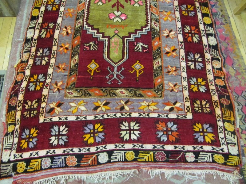 Antique Prayer Rug Large Konya Ladik Melas Turkish 4' x 6'9" Pistachio Signed gallery