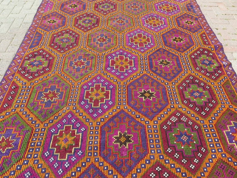 Boho Rug, Area Rugs, Turkish Kilim, Embroidery Rug, Handmade Wool Carpet77"x107" gallery