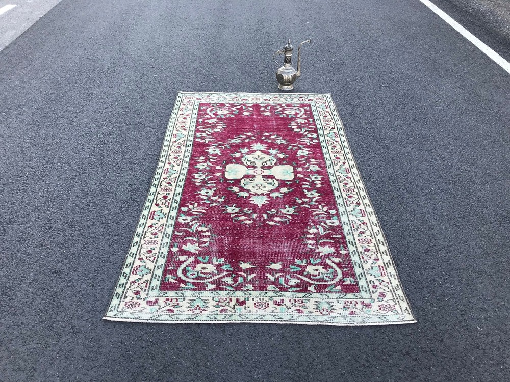 4x6.9 Medium Vintage Red Turkish Oushak Wool Rug