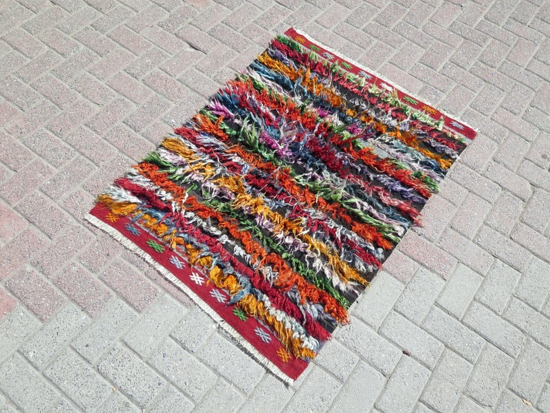 Shaggy Rug Mohair Rug Long Hair Rug Multicolor Carpet Vintage Tulu Rugs 35"x50" gallery