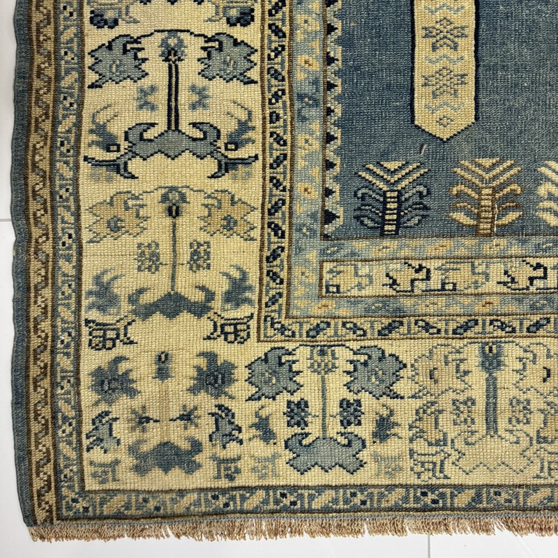 Vintage Hand Knotted Wool Oushak Rug, 4x5 Oriental Turkish in Blue Beige Tones gallery