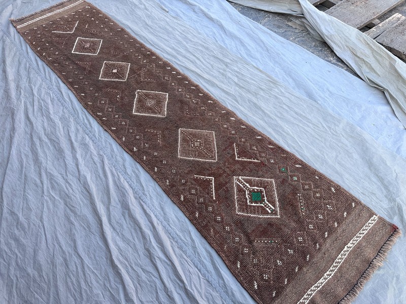 Brown Antique Afghan Handmade Tribal Runner Rug Wool Geometric Faded Kitchen Rug gallery