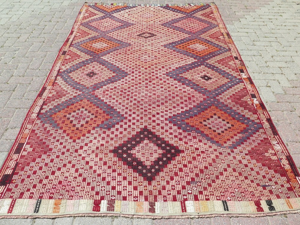 Embroidery Rug, Handmade Wool Kilim, Large Floor Carpet, Turkish Kelim 70"X115"