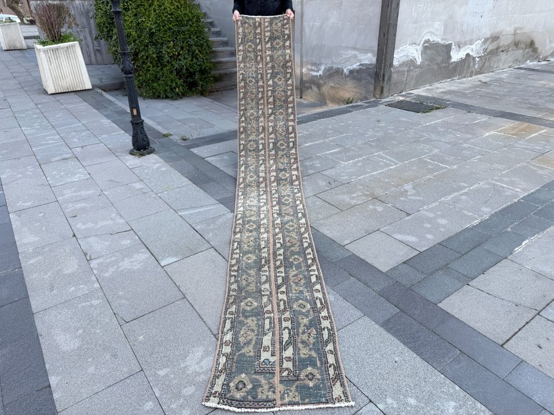 Vintage Turkish Runner Rug 1.7x11.6 ft Neutral Oushak Hallway Rug gallery