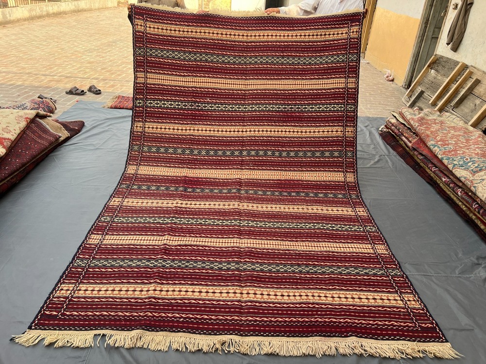 Vintage Afghan Handwoven Sumak Kilim Rug Geometric Tribal Wool Bedroom Rug