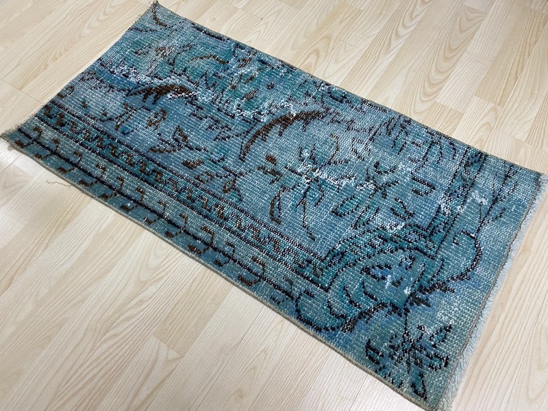 Vintage Anatolian Rug 1.6x3.1 ft Antique Teal Blue Distressed Wool Carpet Mat gallery