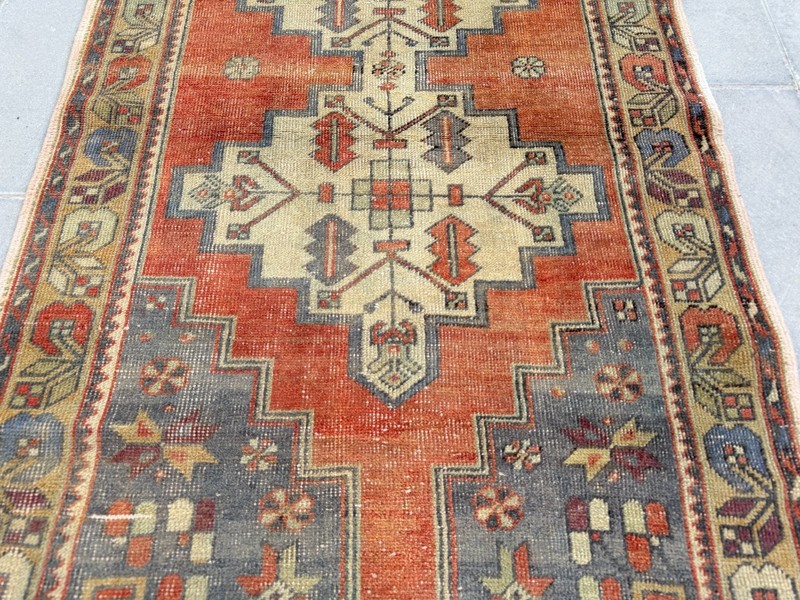 Handmade Turkish Rug 3.9x7.2 Ft Vintage Anatolian Wool Rug Terracotta Blue gallery