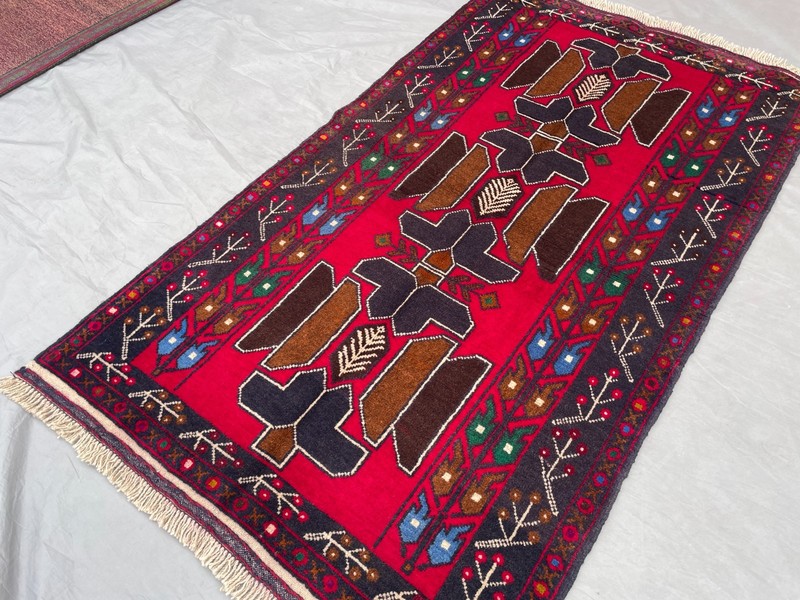2'10x4'11 ft Vintage Afghan Baluchi Hand Knotted Wool Red Navy Brown Tribal Rug gallery