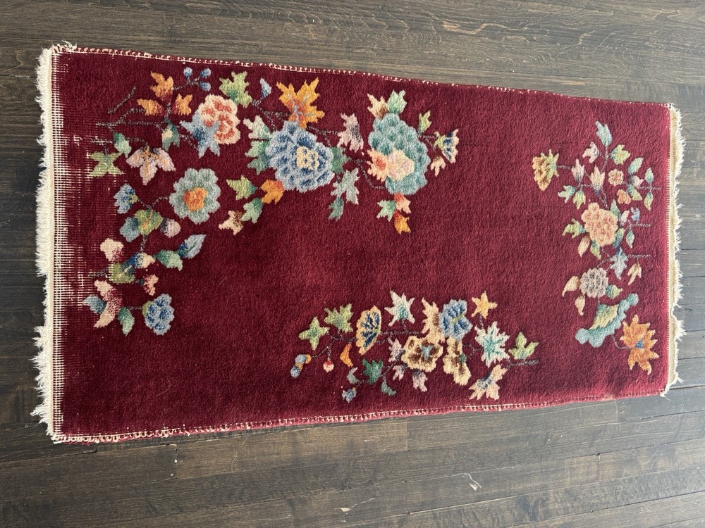 ANTIQUE CHINESE ART DECO 2x3’10 C.1910 GORGEOUS RED HUES AND BRILLIANT FLOWERS