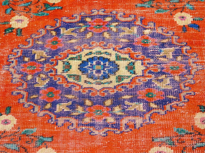 Paprika Medallion Turkish Vintage Rug, Large Distressed Handwoven Carpet 67"x98" gallery