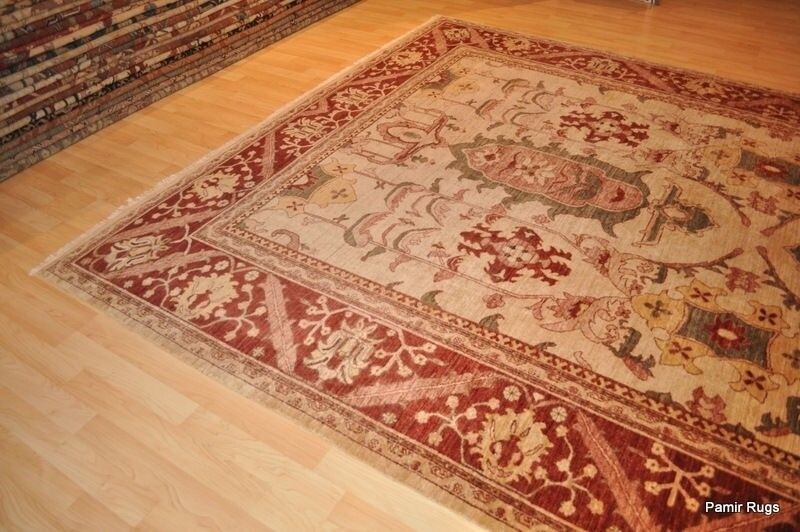 _HAND-MADE_HERIZ_DESIGN_9X12 FT. VEGETABLE DYED NATURAL COLOR BEIGE, DARK RED gallery