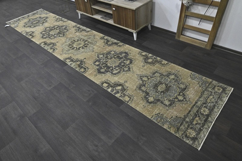Vintage Turkish Runner Rug 3x13ft BROWN Handmade Anatolian Oushak Hallway Wool gallery