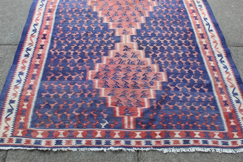 Vintage Traditional Hand Made Oriental Wool Cotton Blue Pink Long Kilim 250x130 gallery
