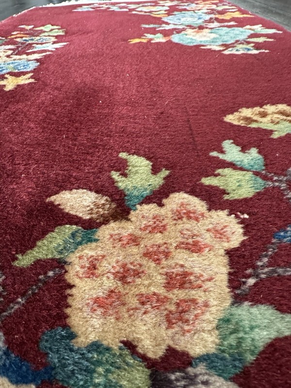 ANTIQUE CHINESE ART DECO 2x3’10 C.1910 GORGEOUS RED HUES AND BRILLIANT FLOWERS gallery