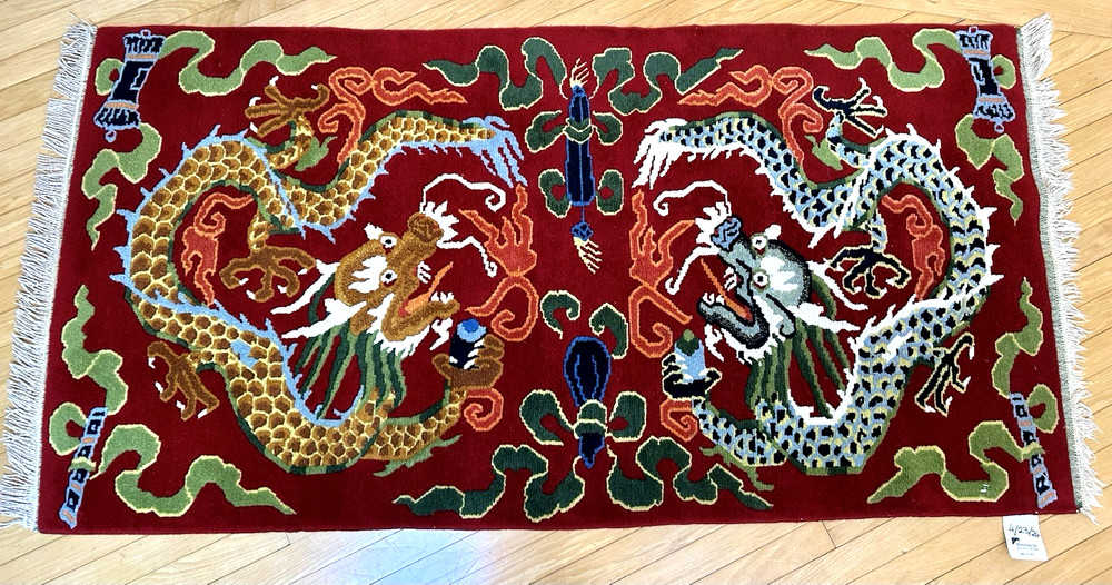 Gorgeous Vintage Antique Tibetan Double Dragon Hand Knotted Rug Wool
