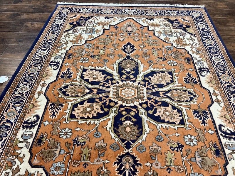 Indo Heriz Rug 6x8 Wool Handmade Vintage Carpet Orange-Red Ivory Navy Medallion gallery
