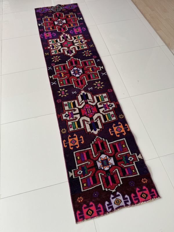 Vintage Handmade Wool Bohemian Oushak Runner Rug, 2x9 Ft Turkish Colorful Carpet gallery