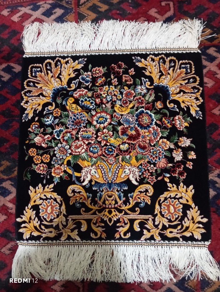Small Sherazi Silk Rug 40x40cm - Ornate Flower Bouquet Vase Black Wall Hanging