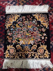 Small Sherazi Silk Rug 40x40cm – Ornate Flower Bouquet Vase Black Wall Hanging