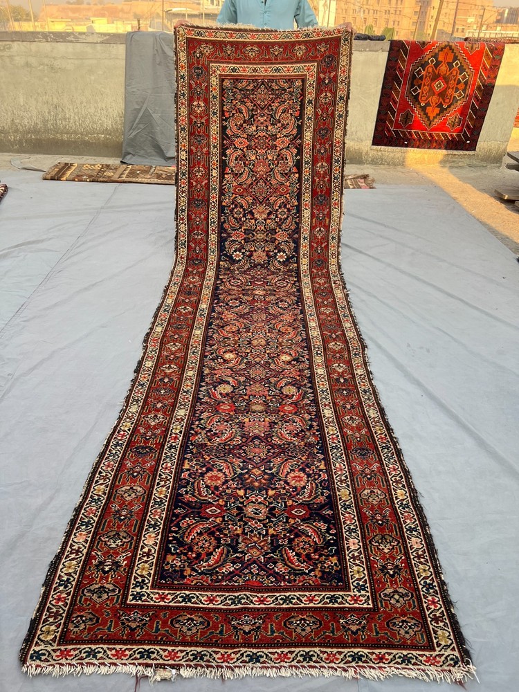 Antique Turkish Inspired Runner Rug 3'6x12'5 Ft Faded Wool Hallway Rug 1900s Rug