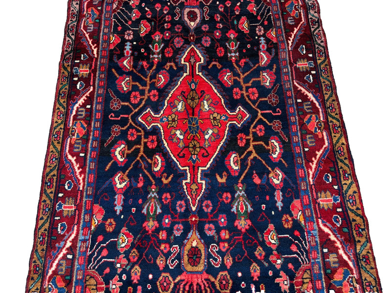 Vintage Hand Knotted Hamedan Runner Rug 4x11 Navy Tribal Geometric Wool Oriental gallery