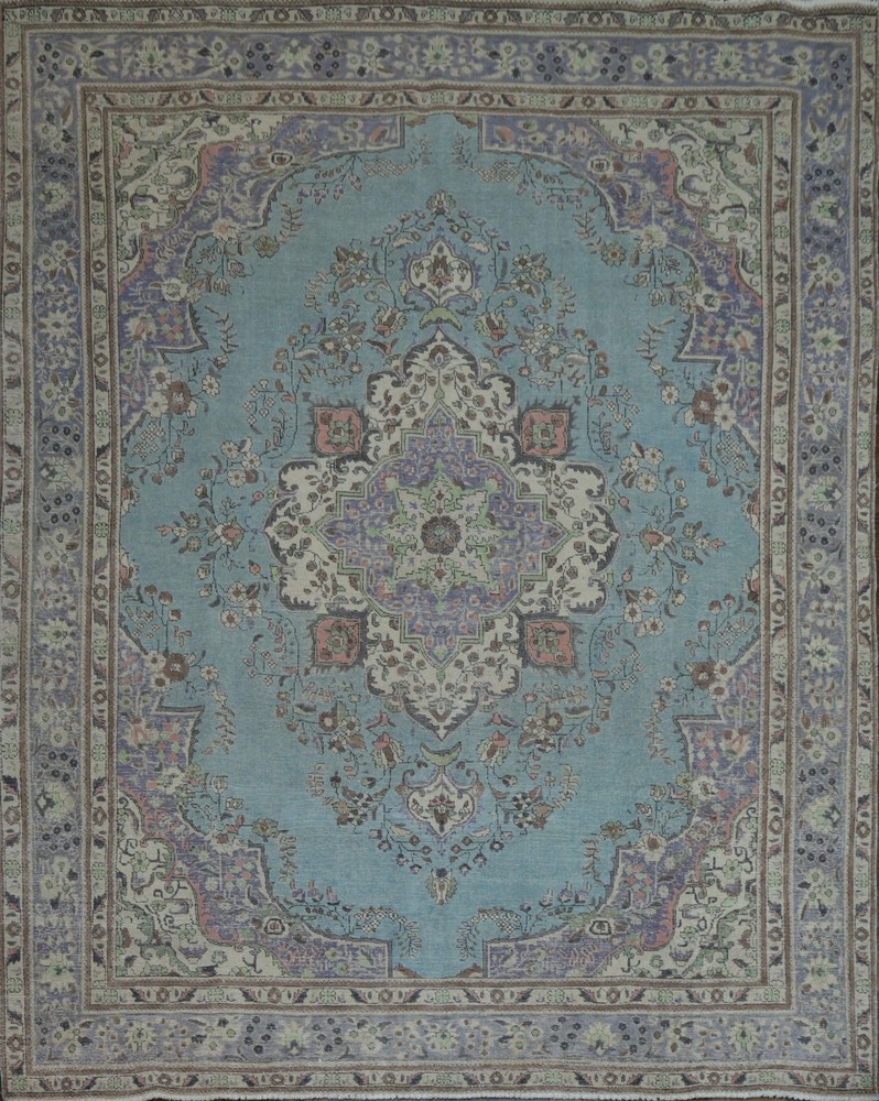 Light Blue Medallion Area Rug 10x12 Ft Hand-Knotted Over-Dyed Wool Carpet