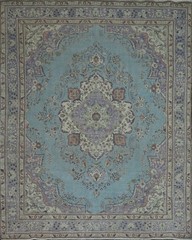 Light Blue Medallion Area Rug 10×12 Ft Hand-Knotted Over-Dyed Wool Carpet