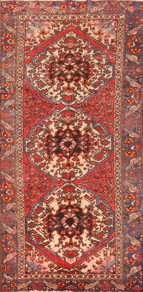 Bird Design Vintage Rust Wool 10 ft Runner Rug Hand-knotted Hallway Carpet 4x10