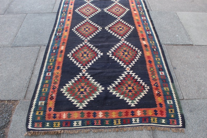 Vintage Traditional Hand Made Oriental Wool Black Long kilim Runner 433x110cm gallery