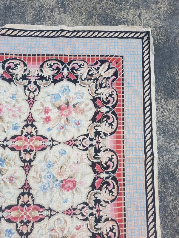 Vintage French Floral Needlepoint Handmade Multicolor Rug Wool Carpet 270x176 cm gallery