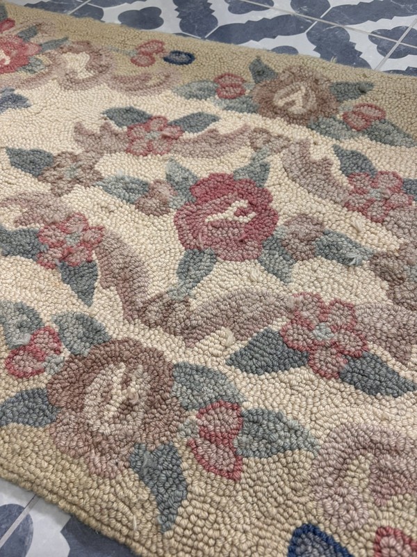 Vintage American Handmade Hooked Rug Wool Floral 21”x41” Cottage Grannycore 2x3 gallery