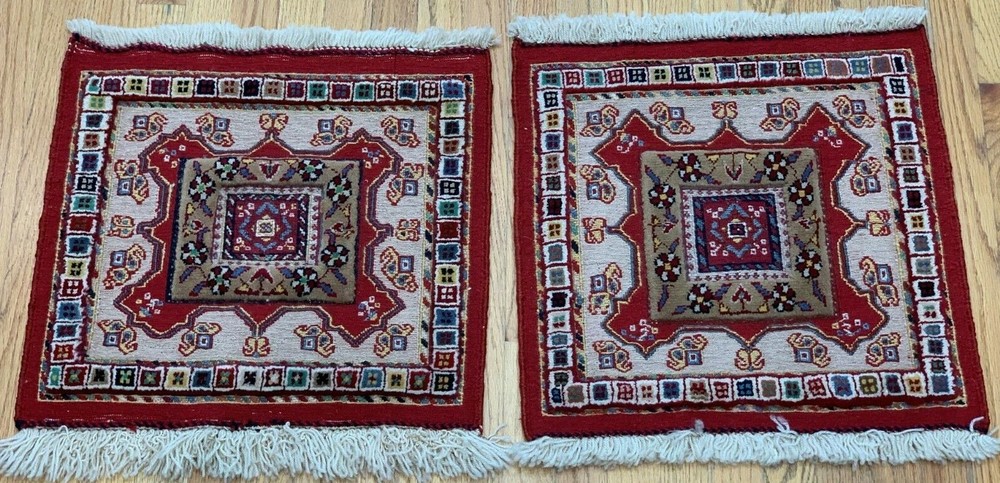 Two Handmade Wool Cushion Rugs with Sumack & Kilim & Knotted Weave 20"x20" inch