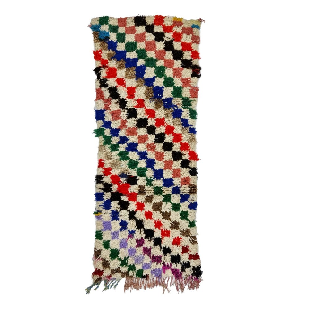 Moroccan Handmade Vintage Rug 2'4''x6'4'' Berber Checkered Red Cotton Area Rug .