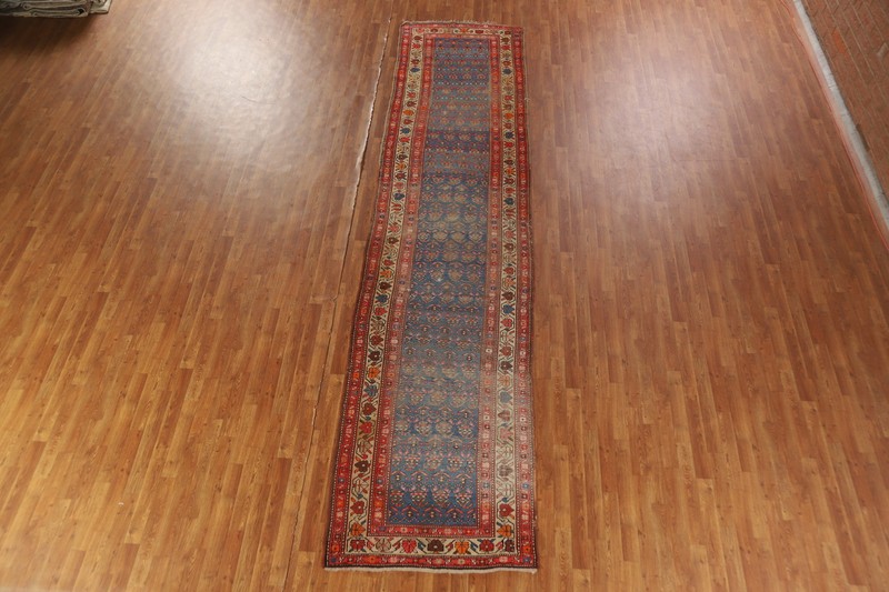 Pre-1900 Handmade Rug Blue Wool Vegetable Dye Heriiz Bakhshayesh Runner Rug 3x15 gallery