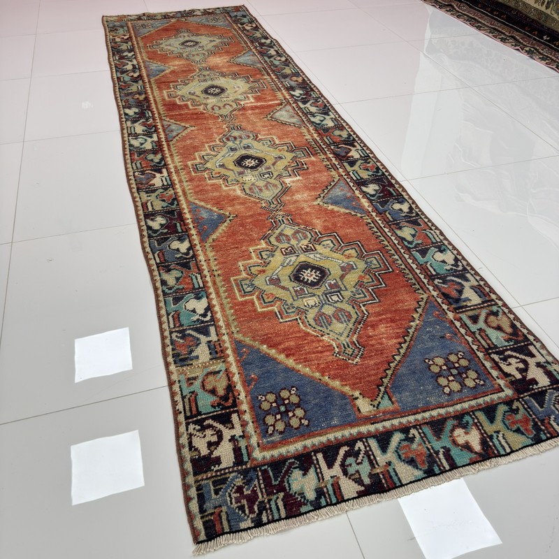 3x10 Blue And Terracotta Handwoven Antique Oriental Runner Rug- Tariff Free gallery