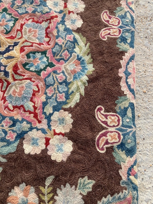 Vintage Handmade Kashmir Crewel Floral Paisley Wool Embroidered Rug 89x59 cm gallery