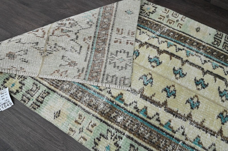 Vintage Turkish Runner Rug 2x7ft BEIGE Handmade Anatolian Oushak Hallway Wool gallery