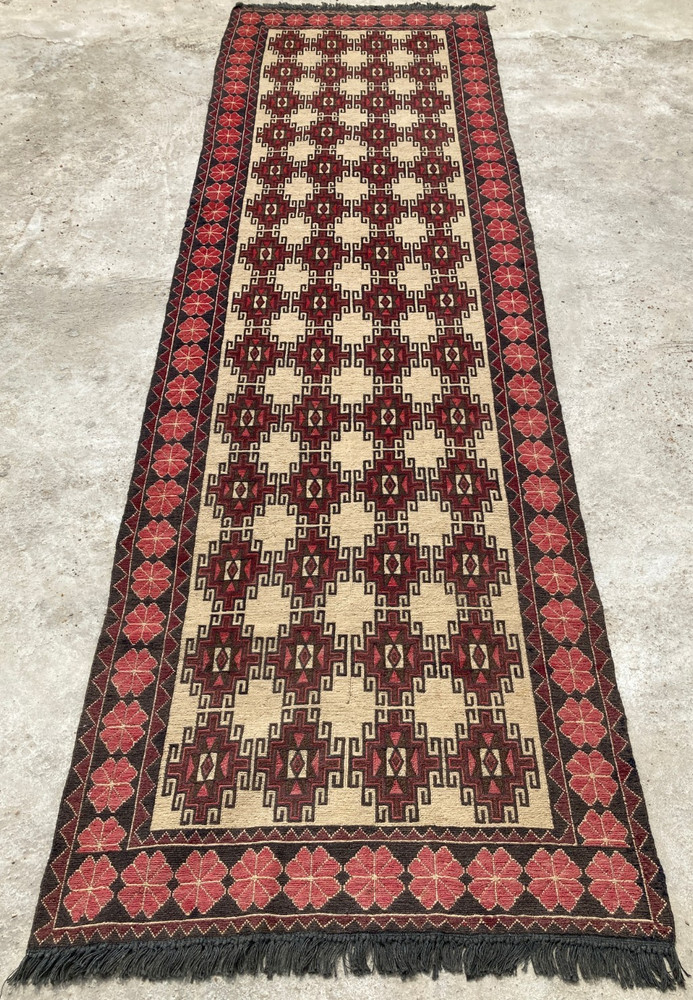 Vintage Traditional Handmade Geometric Bukhara Kilim Floor Runner Rug 318x93 cm