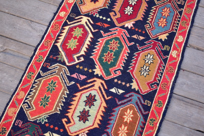 Turkish Rug 19''x76'' Oriental Runner Sumak Corridor Kilim Hallway Blue Rug 1x6 gallery
