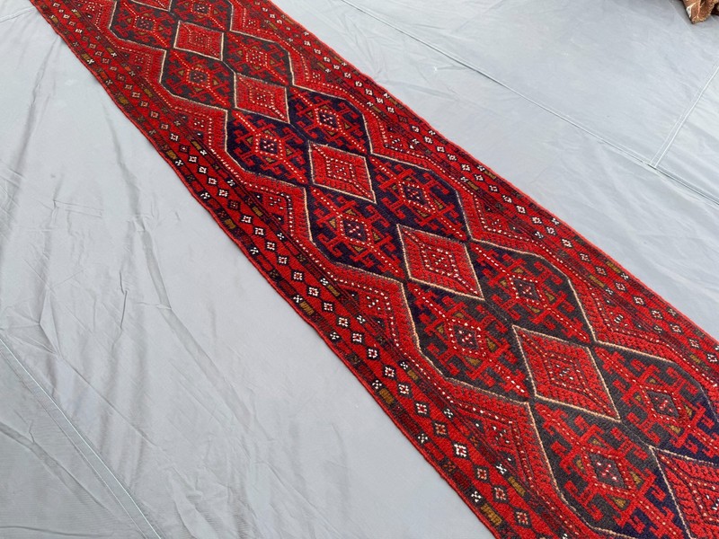 Vintage Afghan Mishwani Baluchi 2x12 Runner Rug, Handwoven Wool, Red Navy Rug gallery