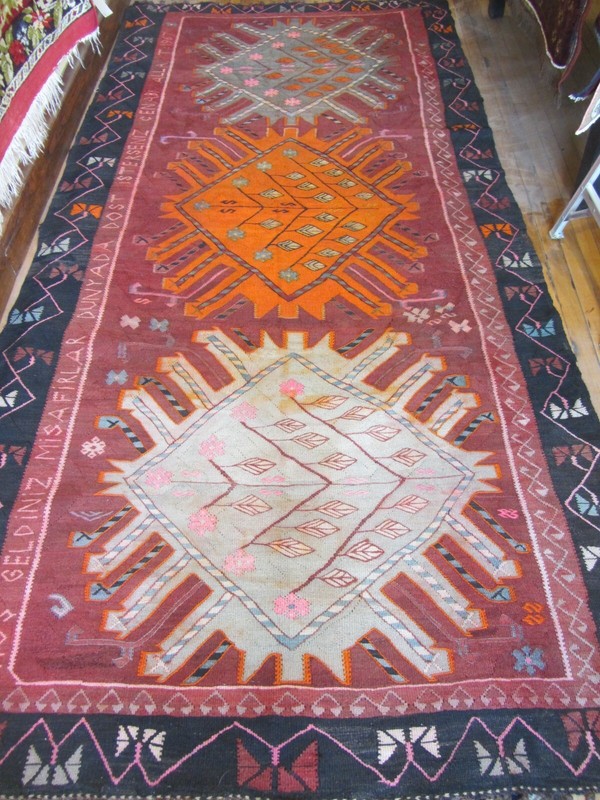 Turkish Kilim Rug Large 5'3" x 11' Woven Text Dated 1967 Banquet? Yoruk? Rare gallery
