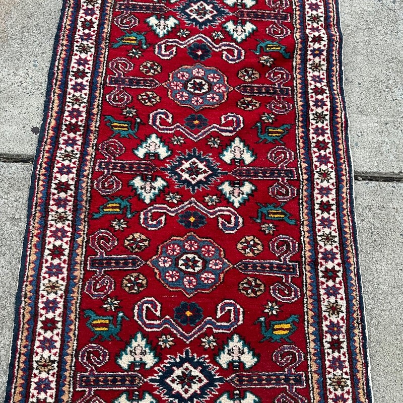 Vintage Perisan Runner Rug -86"x28" MultiColor Red Blue White Camel Wool gallery