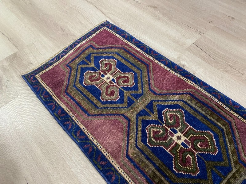 Vintage Turkish Blue Runner Rug 1.5x3.7 Ft HandKnotted Wool Tribal Hallway Carpt gallery