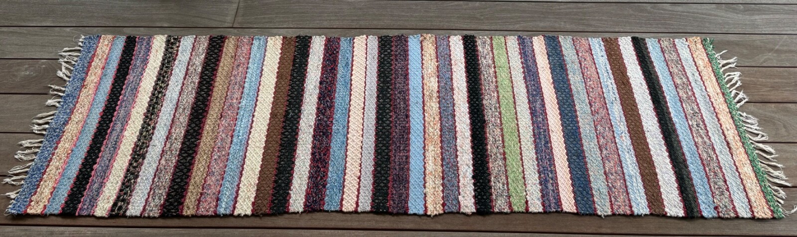 Scandinavian Style MCM Hand-knotted Rag Rug Pastels & Warm Stripes 93” x 25” gallery