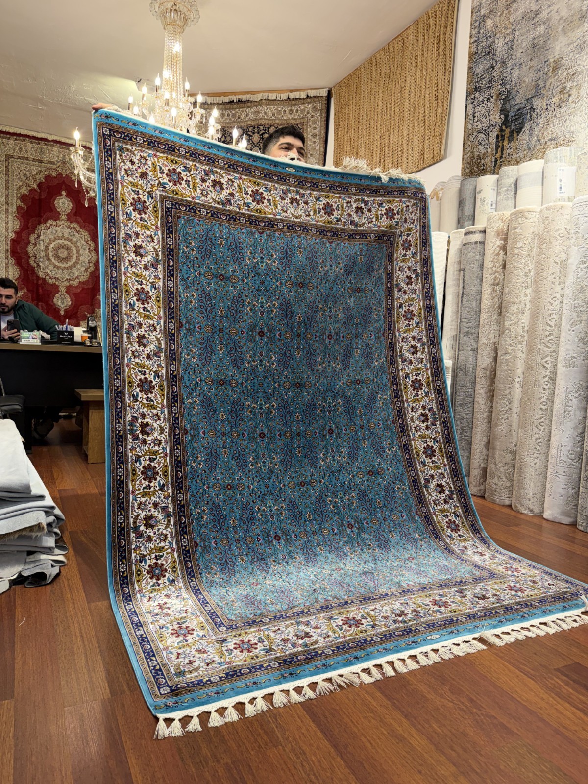 Turkish Silk Blend Area Rug 10x14 Ft Blue Vintage Floral Machine Made Carpet gallery